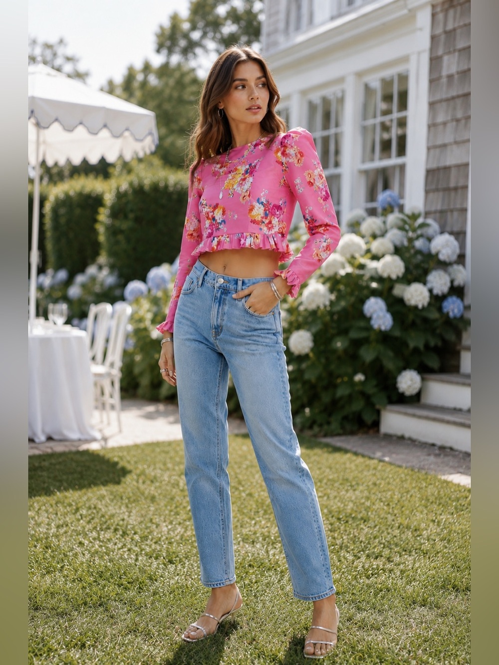 🌸 ASOS-Floral Puff Sleeve Crop Top – Pink Romantic Blouse – Size US 8